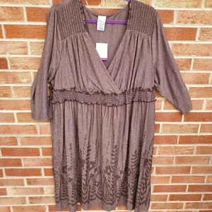 Just My Size Shaped Fit Midi Dress Women's Size 4x Brown Floral 3/4 Sleeve NWT